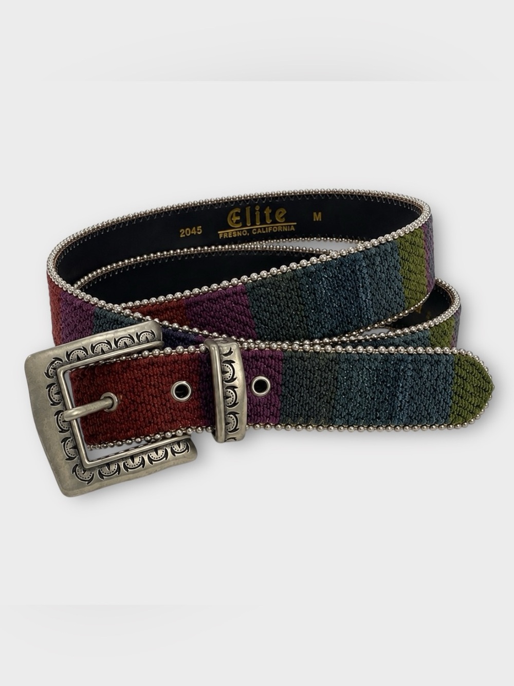 Vintage Elite Fresno CA Woven Tapestry Belt M Southwestern Boho Silver Buckle